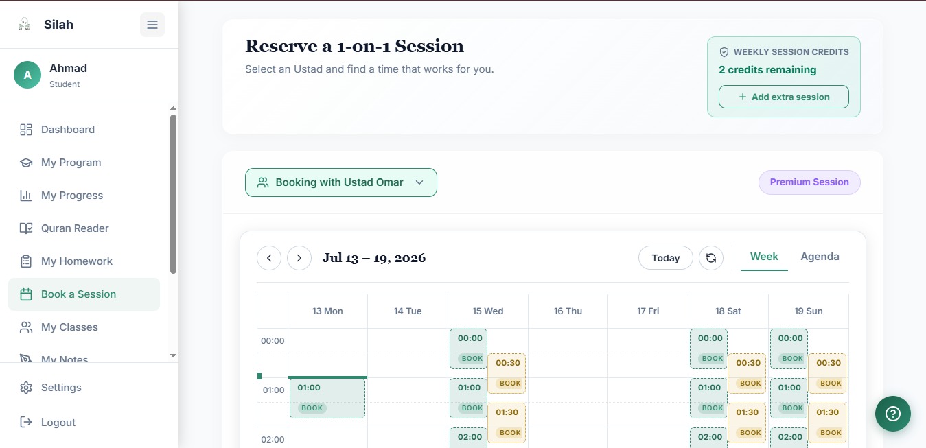 Live 1-on-1 Sessions — Booking calendar